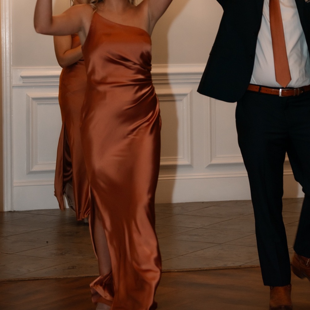 Revelry Copper Satin One-Shoulder Slip Dress